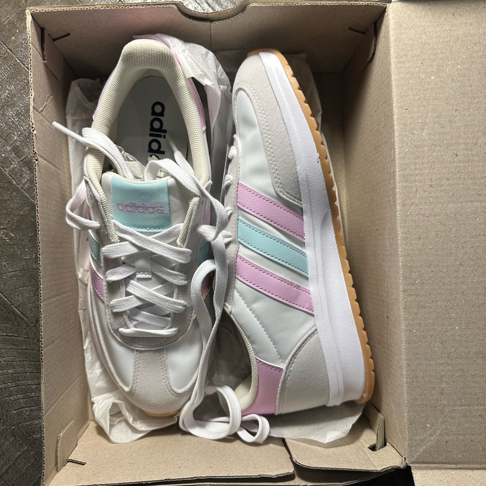 Adidas White Sneakers with Pink Stripes